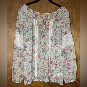 Princesss Vera Wang (M) Top Womens Large White Green Pink Floral Lace Puff Shirt